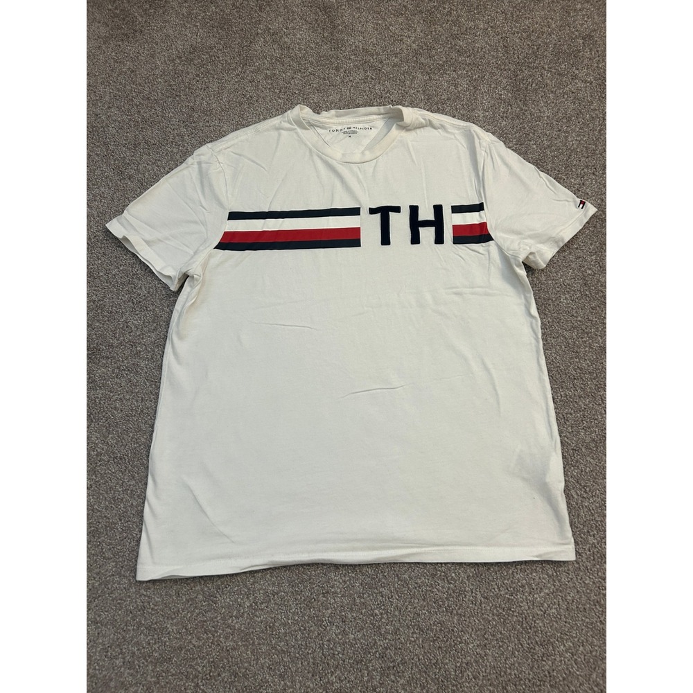 Tommy Hilfiger T-Shirt Mens Medium White Excellent TH Graphic Stripe Tee